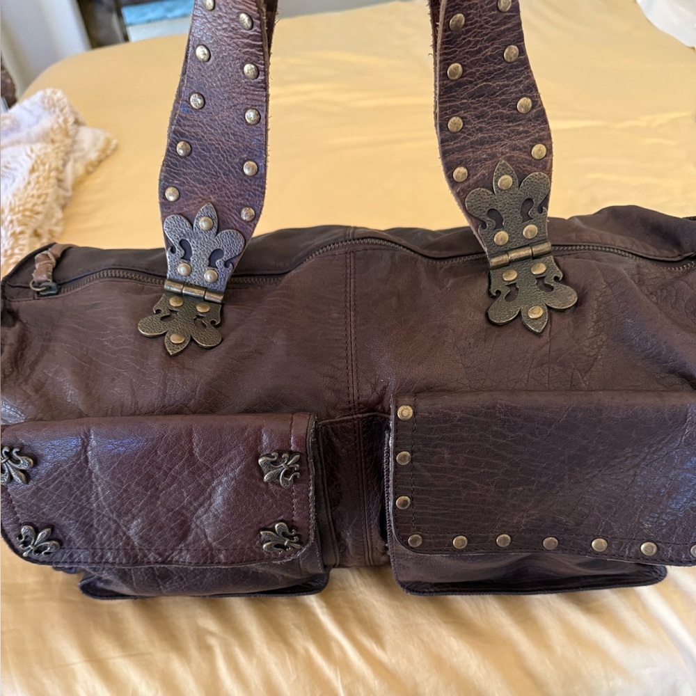 Royal Plush rustic brown cowhide studded strap satchel shoulder Bag